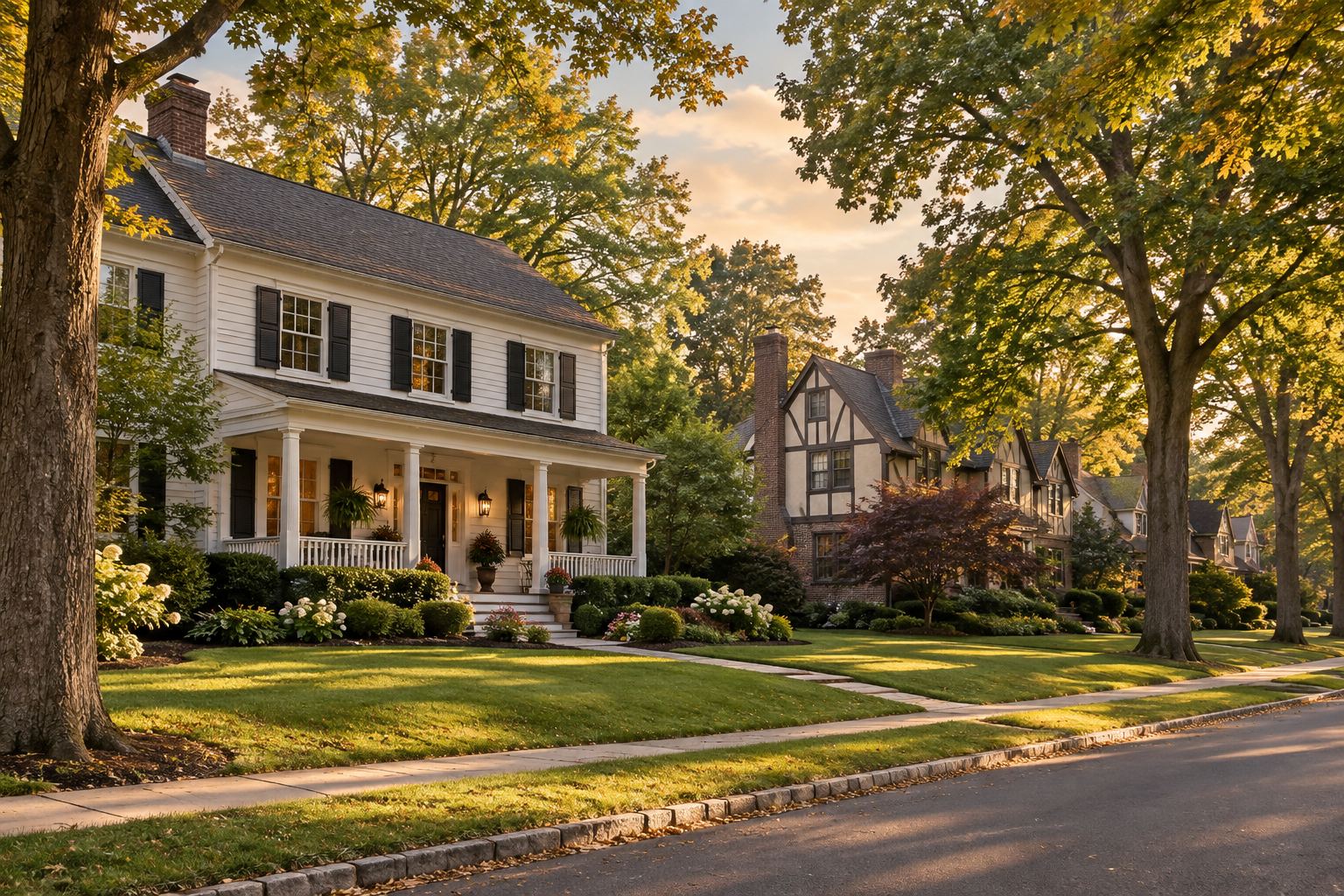 A colonial style home on a quiet tree lined Morris County street, illustrative
