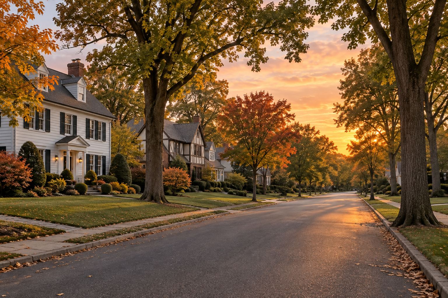 A Morristown residential street at sunset, illustrative